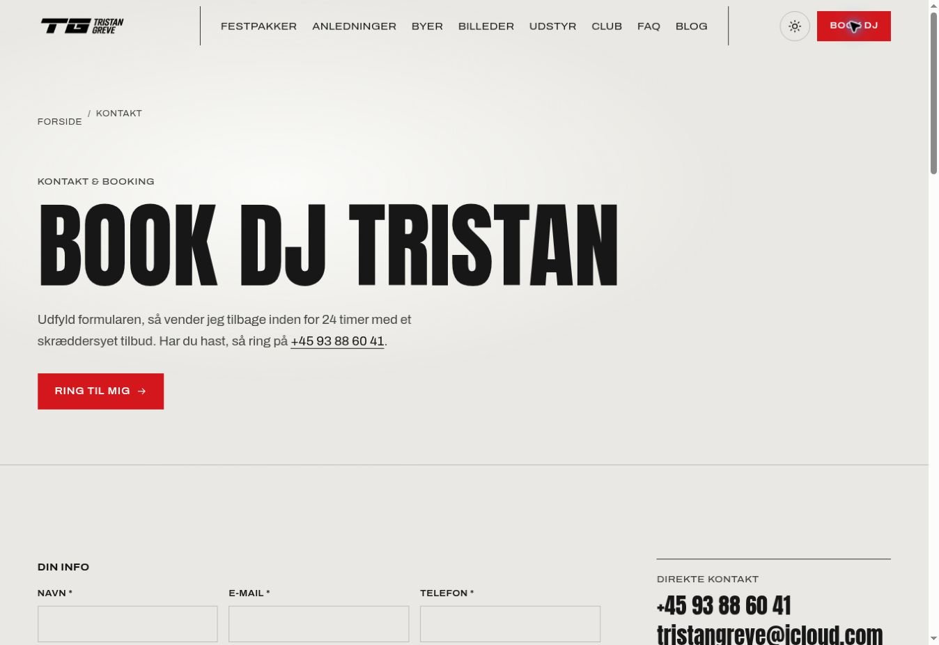 Bookingsiden med overskriften Book DJ Tristan og kontaktfelter