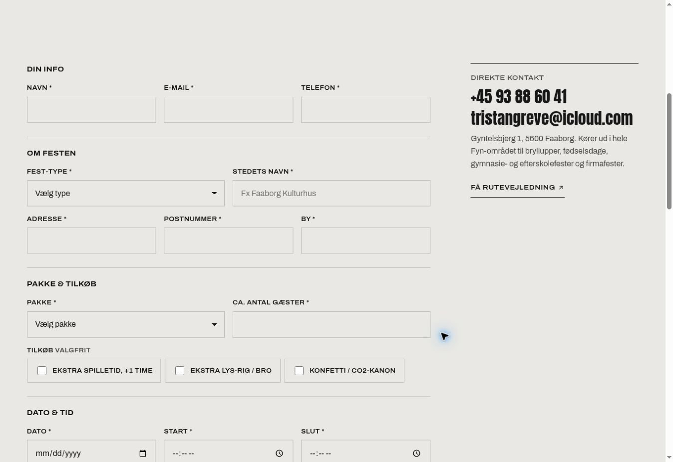 Bookingformular med kontaktoplysninger, festtype, adresse, pakke og tilkøb