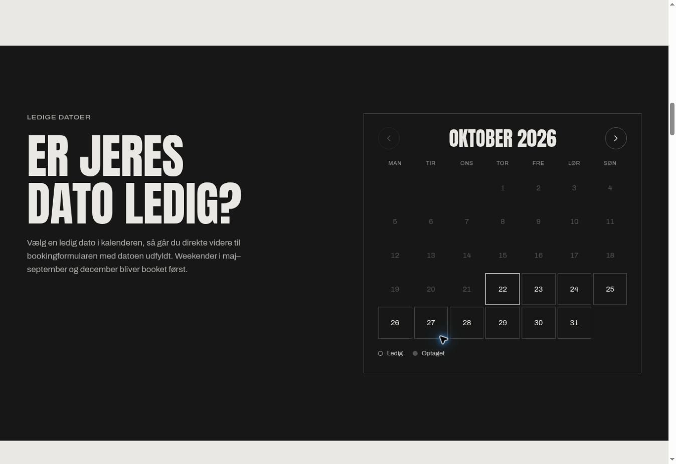 Kalender med ledige datoer på tr1lles hjemmeside